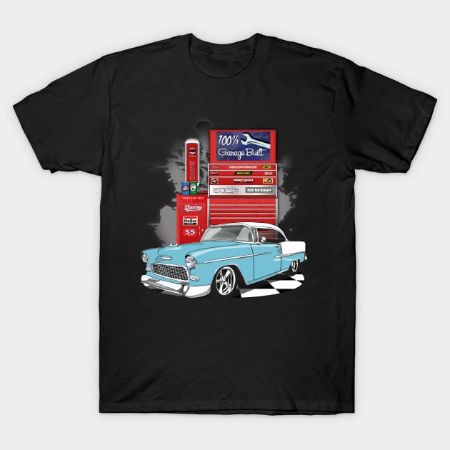 1955 Skyline Blue Chevy Bel Air Garage Built T-Shirt by RPM-ART